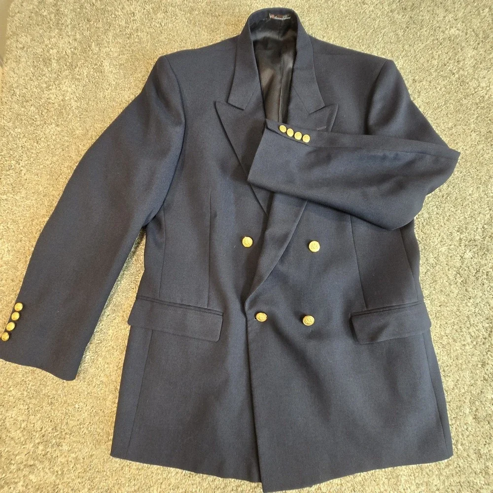 Stafford Blazer Men 44L Navy Blue Gold Button Double Breasted Sports Coat Jacket - Picture 1 of 10
